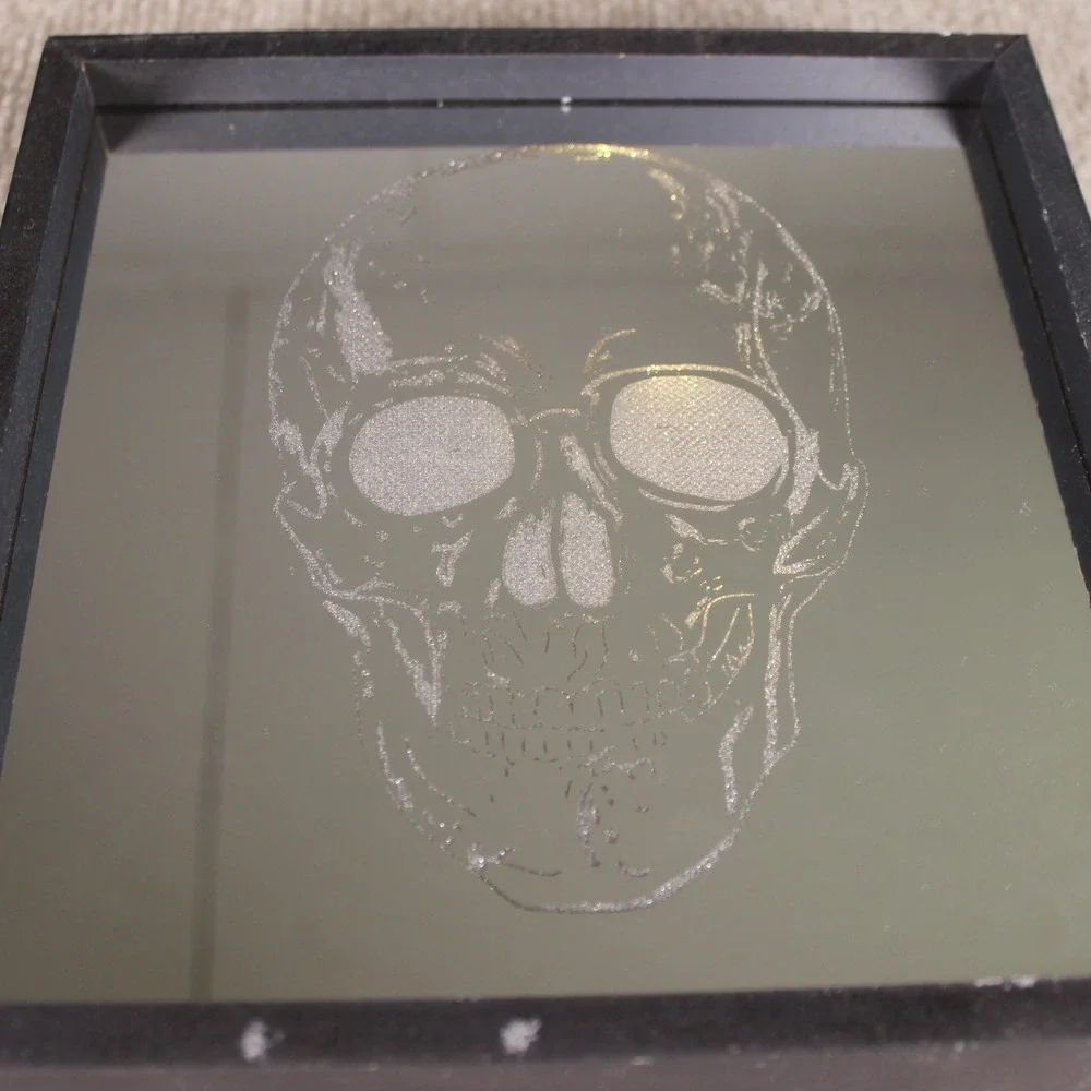 Skull Mirror Light Up Shadow Box Art Etched Glass Black Frame 8x8